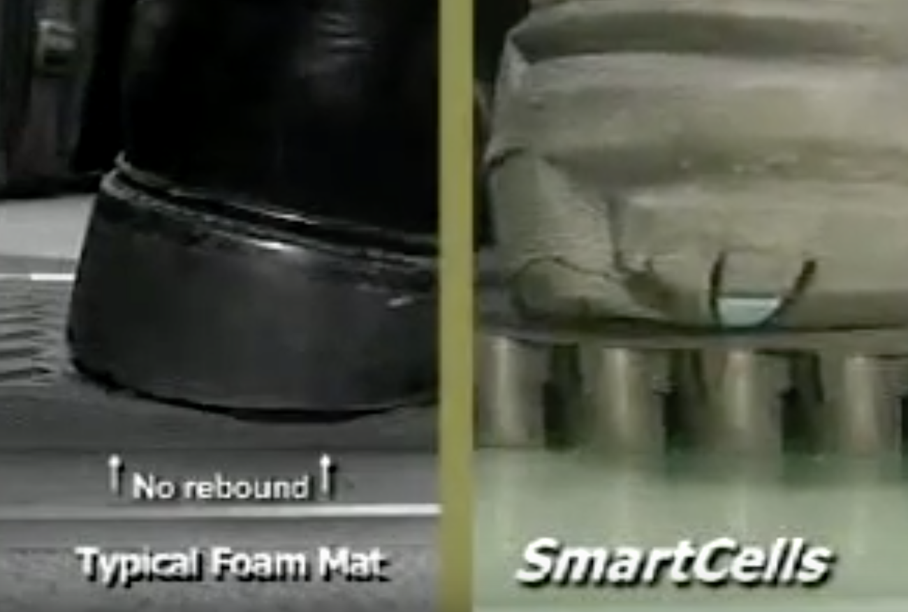 close up image of a person standing on foam compared to smartcells cushioning technology