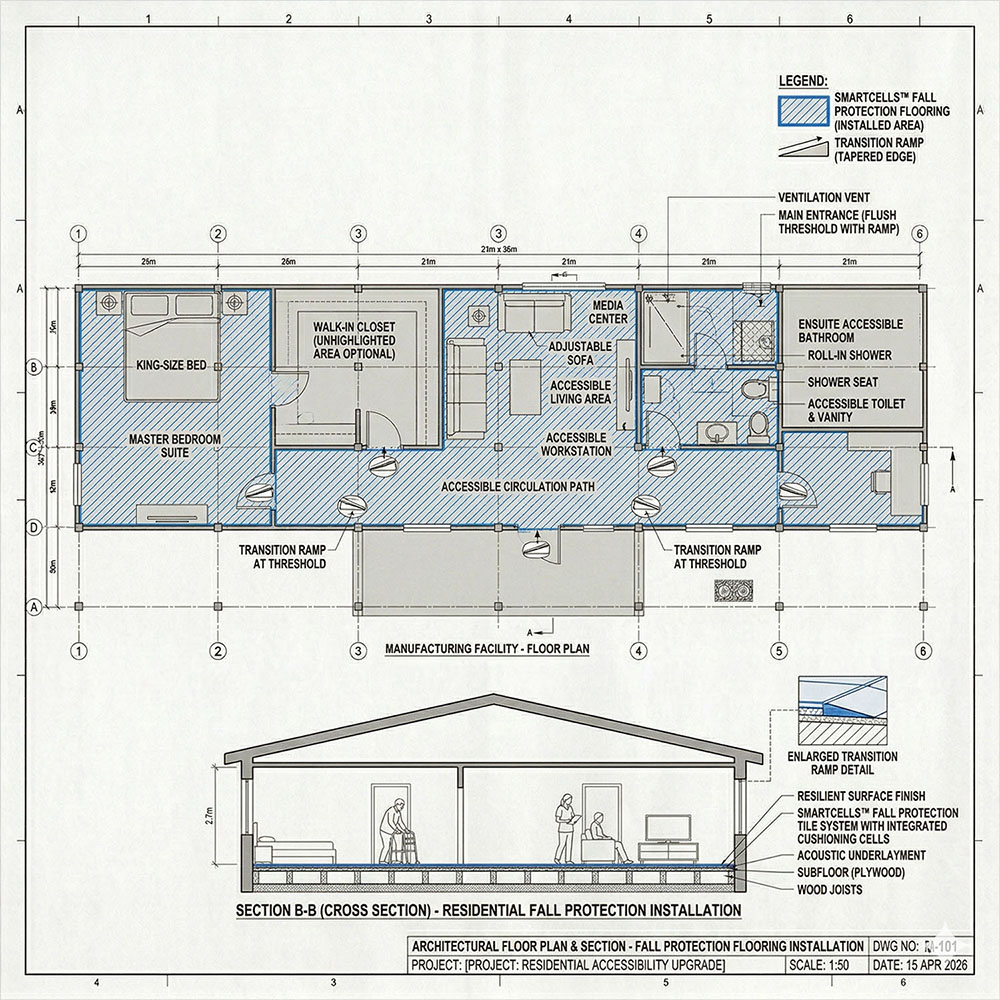 SmartCells Fall Protection Architect Drawing Older worker sitting in manufacturing environment
